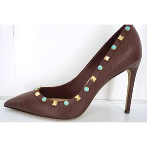 Valentino Brown Leather Rockstud Rolling Pointy Pumps